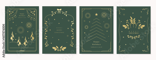 Christmas greeting card vector poster set. Happy new year background template with gold line christmas tree bauble holly leaves and art deco element. Design for season holidays, cover, poster.