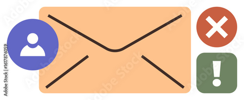 Large envelope represents email communication. Adjacent icons include user, error cross, and alert exclamation. Ideal for messaging, email alerts, user notifications, warning systems, digital