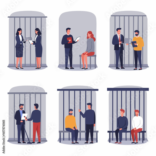 Scenes Depicting Legal Consultations, Interviews, and Inmates within a Prison or Detention Environment