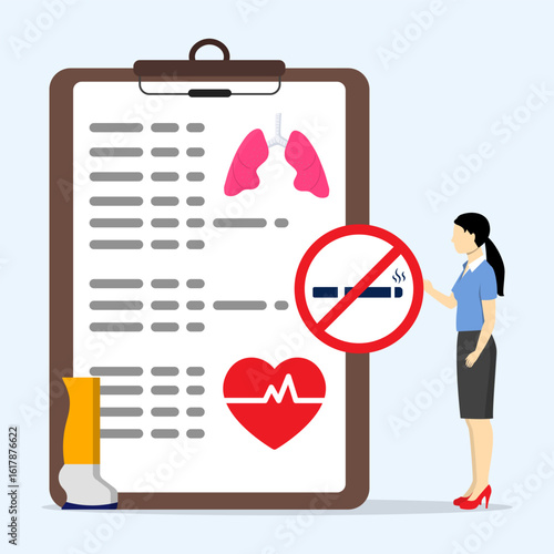 A woman standing on big icon of clipboard with result of lungs medical check up. Stop smoking concept.