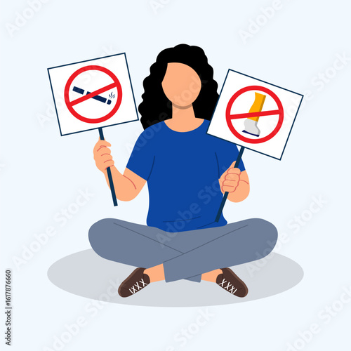 Concept of stop smoking, healthy habits. No tobacco day. A woman holding board sign with icon of no smoking.