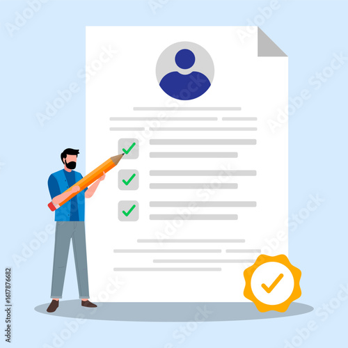 Human resource staff using pencil to marking checklist on CV candidate's. Concept checking candidate questionnaire new hire onboarding checklist vacancy job business interview and HR recruitment. 