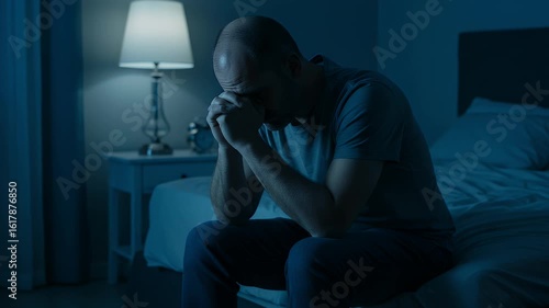 A man sits on his bed at night, head in hands, appearing distressed and possibly suffering from insomnia or anxiety