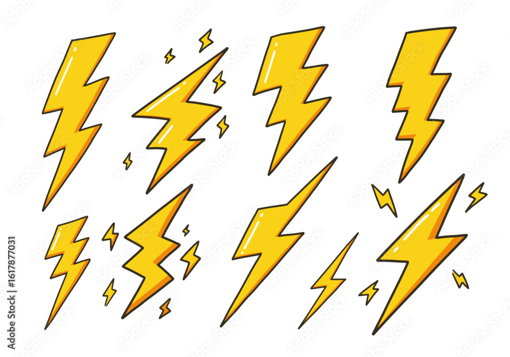 Cartoon Lightning Bolts: Yellow Thunderbolts with Black Outlines Cartoon Lightning Bolts: Yellow Thunderbolts with Black Outlines