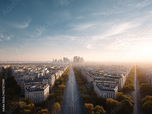 Sunrise over an expansive city street and skyline, conveying progress, perspective, and opportunity. Ideal for travel, business, and urban development themes.