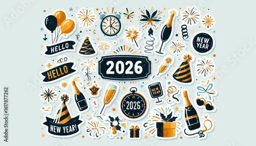 A joyful New Year vector sticker pack