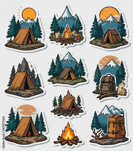 Vector sticker set of camping and travel icons with winter holiday illustrations, perfect for nature tourism design