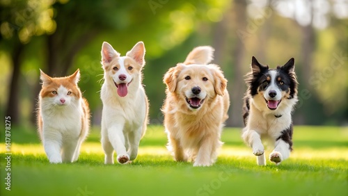 Joyful pets bounding through sunny green park at golden hour