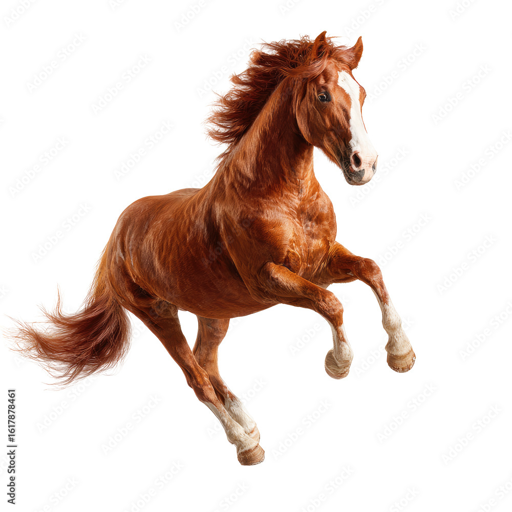 Obraz premium Full shot of a reddish-brown horse in mid-gallop, against a black background. Mane and tail flowing