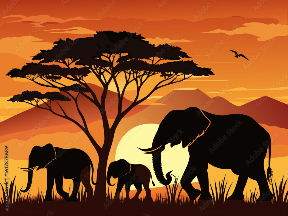 Fototapeta premium elephants at sunset
