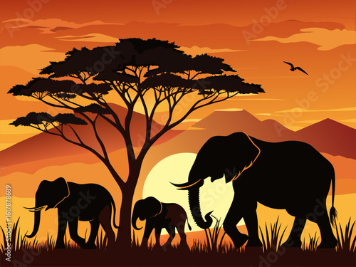 elephants at sunset