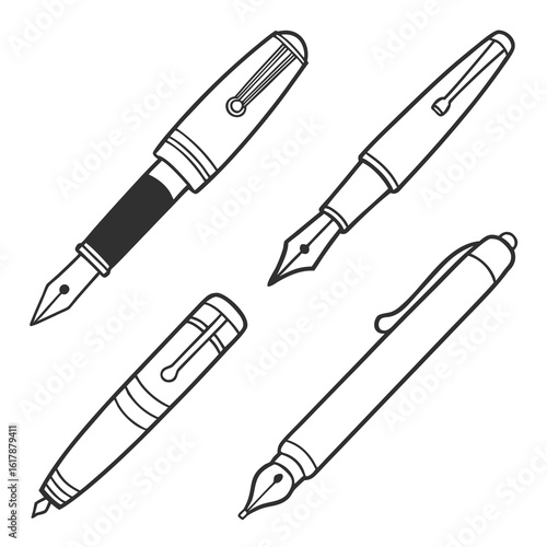 Collection of nine stylized icons representing different types of pens and a pencil on a white background