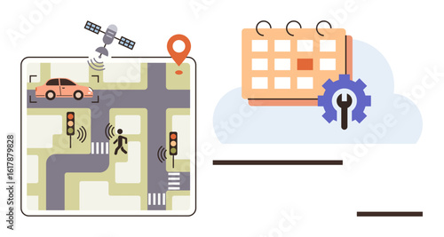 Satellite tracking traffic signals, cars, pedestrians and calendar gear signify smart city solutions. Ideal for urban planning, GPS, IoT, AI, transport systems automation and innovation. A simple