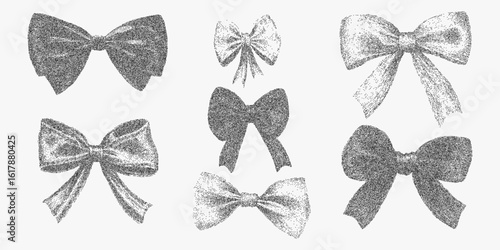 Set of black and white bows with a grainy texture. Hand-drawn stipple texture with photocopy paper grain, noisy halftone layer and high contrast threshold.