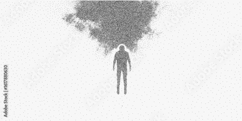 Man is standing in the middle. Monochrome stipple art with dusty halftone pattern, aged photocopy grain and retro threshold design.