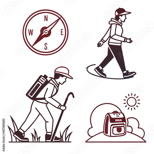 Set of stylized icons depicting hiking and outdoor adventure activities with a compass and backpack