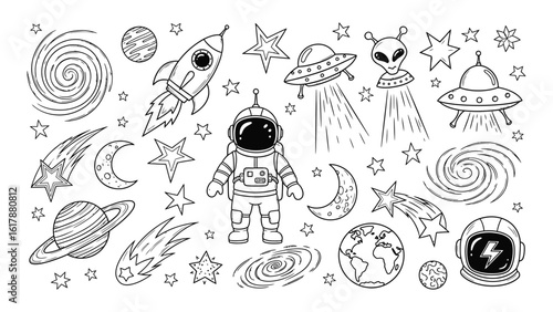 A collection of hand-drawn space and science fiction doodles, featuring an astronaut, rocket, alien UFOs, planets, and cosmic elements.