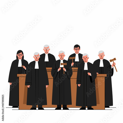 A diverse group of judges or legal professionals in black robes holding gavels in a courtroom setting, representing justice and law.