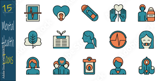 Vector icon set for mental health and psychological support. Line color symbols representing wellness, therapy, and emotional wellbeing concepts.