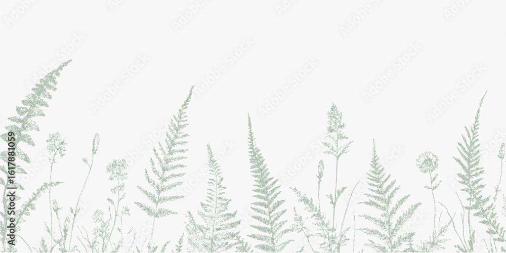 Fototapeta premium Row of green leaves. Retro stipple drawing with high contrast threshold, grainy print texture, ink edges.