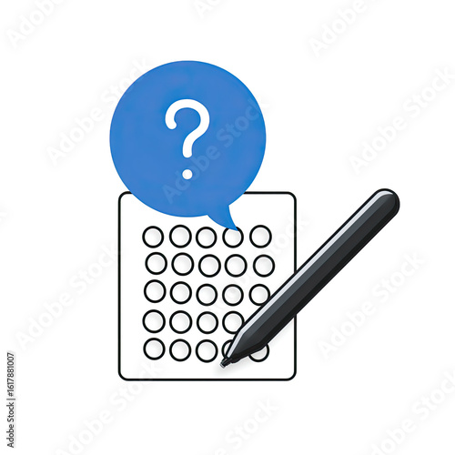 A question mark bubble hovers over a grid of answer circles, with a stylus pen