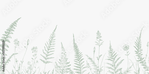 Row of green leaves. Retro stipple drawing with high contrast threshold, grainy print texture, ink edges.