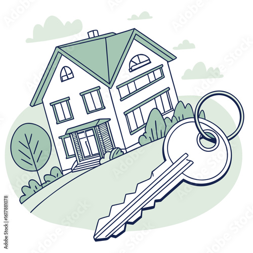 Real estate property sitting on key in filled icon
