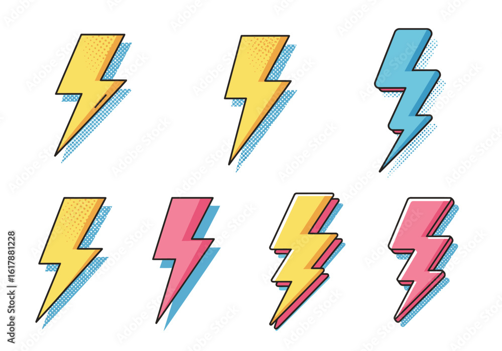 Collection of Cartoon Lightning Bolt Illustrations in Yellow, Blue, and Pink with Halftone Shadows Collection of Cartoon Lightning Bolt Illustrations in Yellow, Blue, and Pink with Halftone Shadows