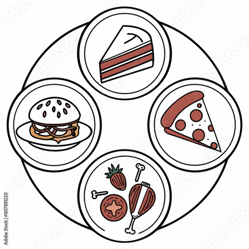 Circular diagram showcasing a hamburger slice of cake slice of pizza and chicken leg with accompaniments