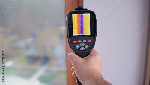 Contractor Engineer Performing Building Inspection for Cold Bridge Thremal Bypass in Window Frame using Thermal Vision Camera