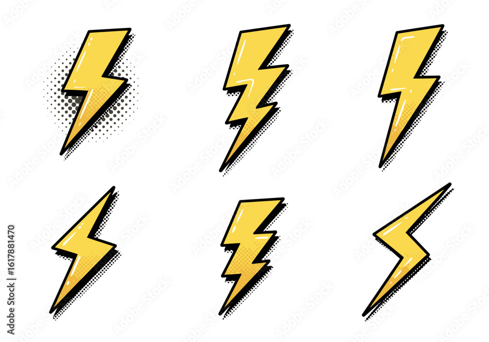 Collection of Yellow Cartoon Lightning Bolts with Halftone Effects Collection of Yellow Cartoon Lightning Bolts with Halftone Effects