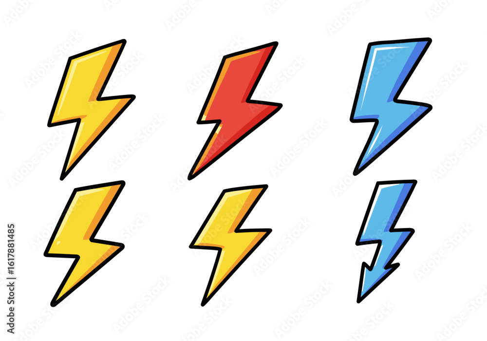 Cartoon Lightning Bolts in Yellow, Red, and Blue with Black Outlines Cartoon Lightning Bolts in Yellow, Red, and Blue with Black Outlines