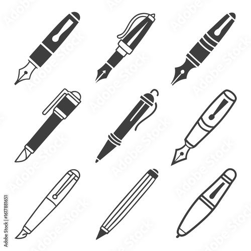 Collection of nine stylized icons representing different types of pens and a pencil on a white background