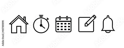 Address icon set. home, stop watch timer, calendar, edit pen, notification bell icon set. address symbol png and vector illustration on transparent background