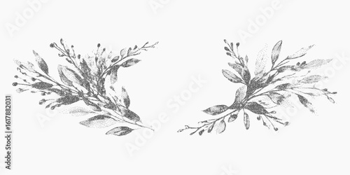 Close up of two branches of a tree, lot of detail. Grunge style stipple artwork with photocopy noise, halftone overlay, aged threshold.