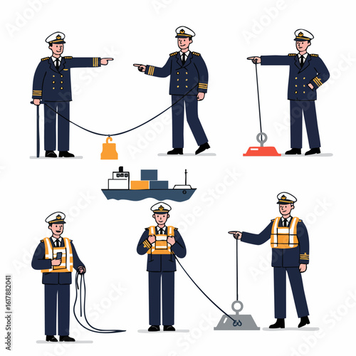 Illustrations of ship captains, officers, and maritime personnel demonstrating various duties and port operations.