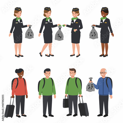 Flight attendants and passengers demonstrating inflight waste collection and recycling, highlighting airline cleanliness and responsible travel.