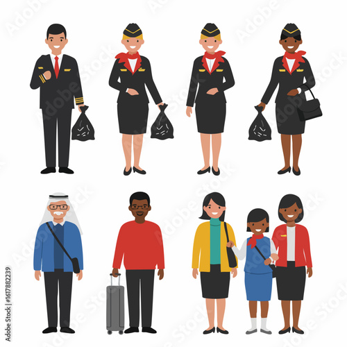 Diverse airline crew and passengers illustration: pilot, flight attendants, and travelers, depicting air travel and hospitality service.