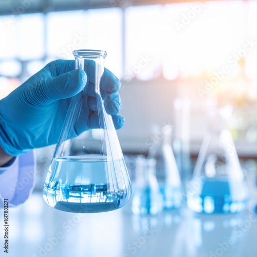 Hand of scientist holding flask with lab glassware in chemical laboratory background, science laboratory research and development concept.