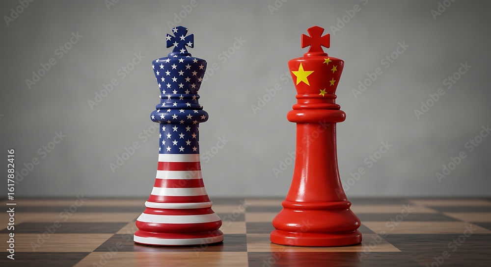 Naklejka premium USA versus China geopolitical chess concept on chessboard