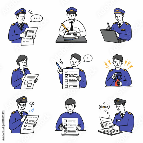 Illustrations of Pilots and Flight Crew Members Engaged in Professional Tasks and Paperwork, Emphasizing Checklists and Daily Operations