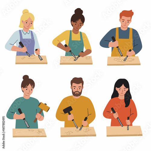 Diverse people engaged in wood carving, using chisels and mallets to create designs on wooden boards, illustrating a creative hobby and craftsmanship.