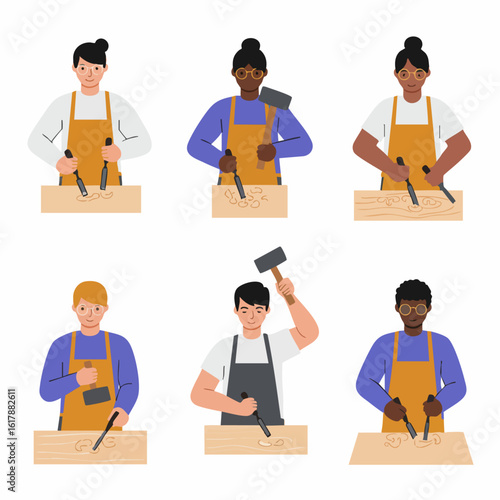 Diverse group of people engaged in wood carving, showcasing craftsmanship and artistic skill with chisels and mallets.