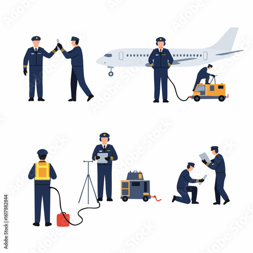 Airport Ground Crew and Pilots Performing Pre-Flight Checks and Aircraft Maintenance Operations