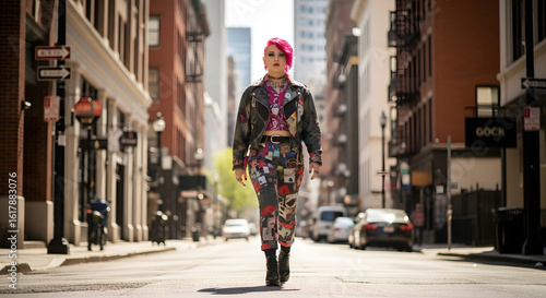 Wallpaper Mural Confident Punk Rock Woman with Pink Hair and Edgy Fashion Walking Down Urban Street, Representing Rebellion, Individuality, and Alternative Style Torontodigital.ca