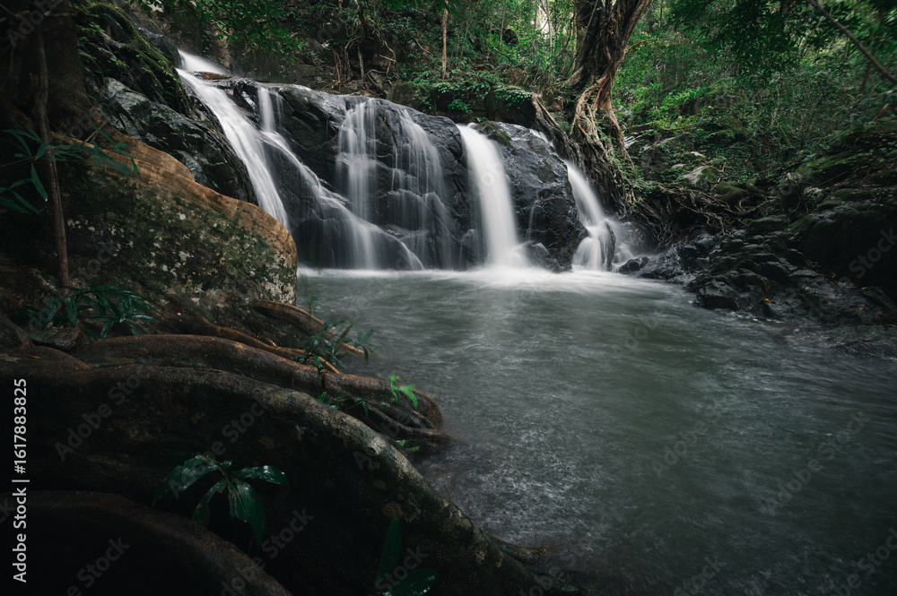 Fototapeta premium Serene Waterfall Amidst Lush Green Jungle Landscape in Nature
