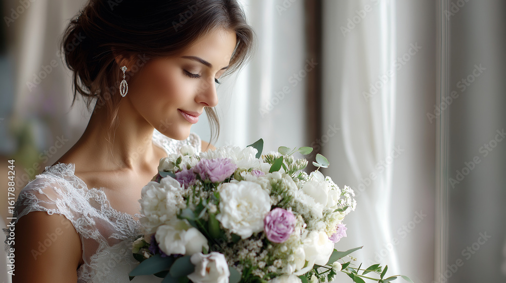 Naklejka premium Bride with bouquet illuminated by soft light