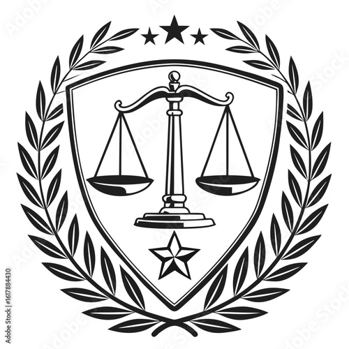A justice symbol featuring balanced scales, laurel wreath, and star standing for law, integrity, equality, respect, power, loyalty, virtue, discipline, courage, peace, and truth.