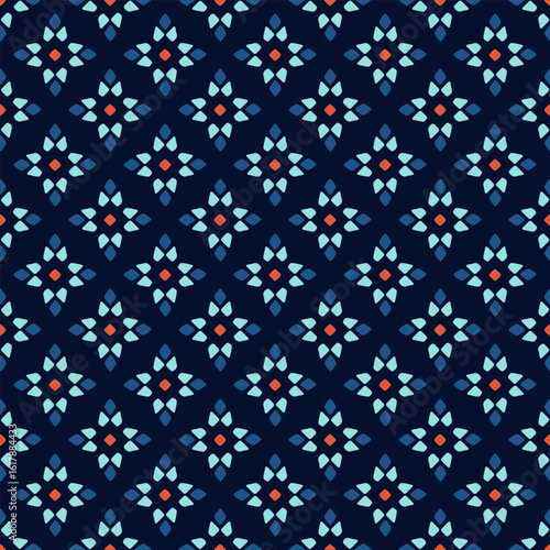 Elegant diamond pattern classic patchwork style stars background. Marine blue banner with small blue squared stars motif. Modern style fabric design textile swatch ladies dress allover print block.