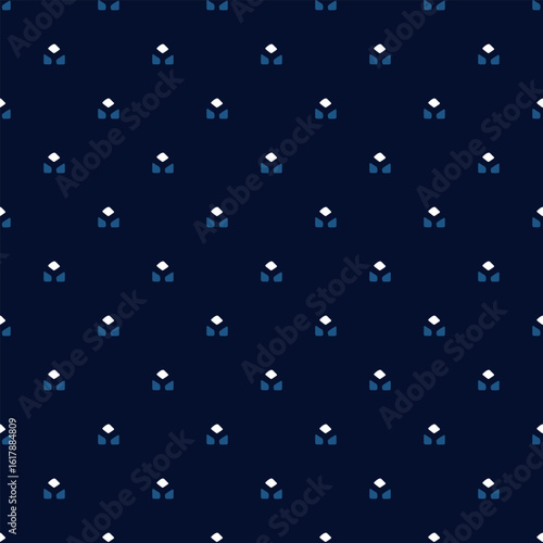 Simple geometric pattern abstract floral shapes motif classic blue minimal background. Small flowers diamond elements modern fabric design textile swatch ladies dress, men's shirt allover print block.
